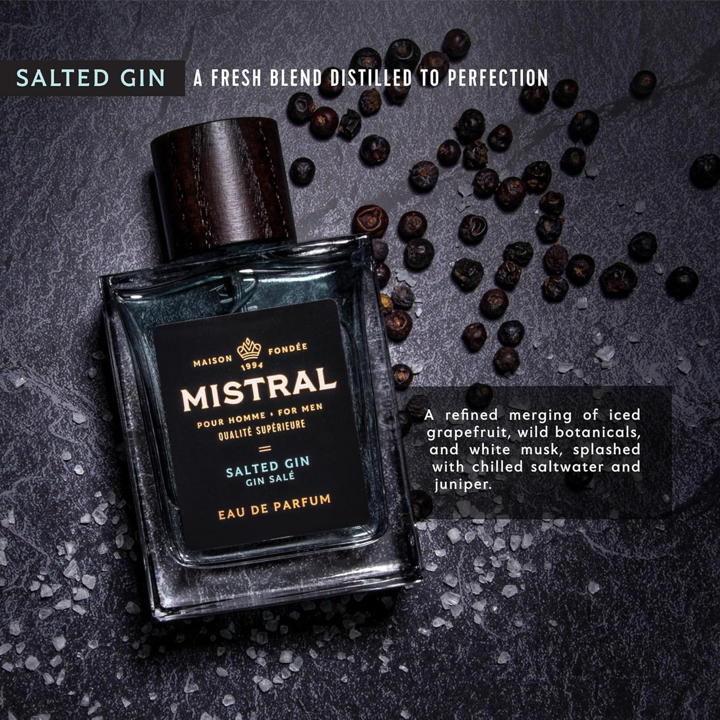 Mistral Men’s Cologne – Salted Gin Eau de Parfum | Fresh & Aquatic Masculine Scent with Grapefruit, Amber, Mint & White Musk | Cruelty-Free & Long-Lasting Perfume for Men, Made in France - 3.4 Oz