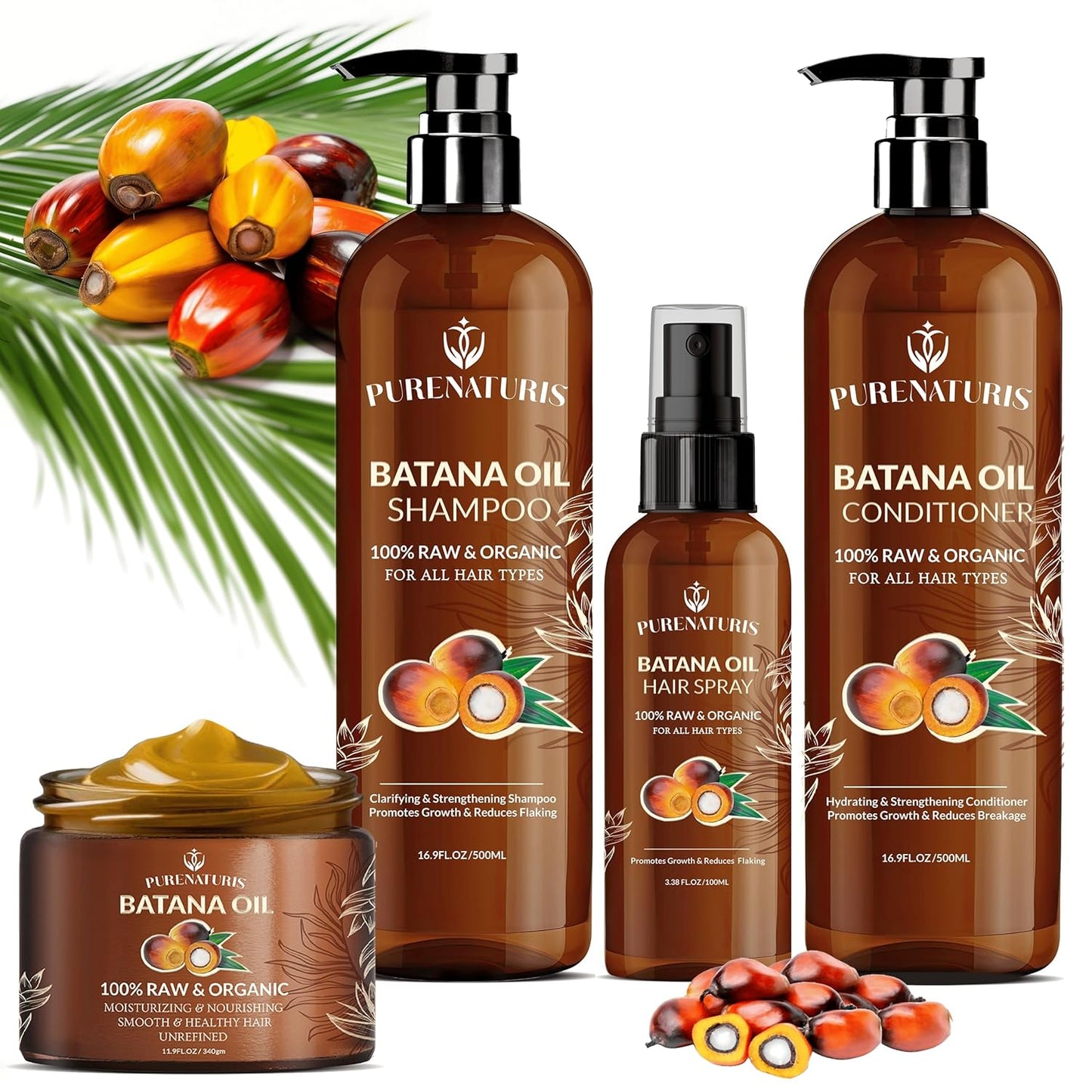 100% Natural Raw Organic Batana Oil Sulfate-Free Complete Hair Growth , Anti-Hair Loss & Repair System Kit – Shampoo, Conditioner, Hair Mask, & Leave-In Spray | Thickness & Prevents Loss for Men Women