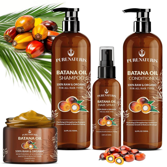 100% Natural Raw Organic Batana Oil Sulfate-Free Complete Hair Growth , Anti-Hair Loss & Repair System Kit – Shampoo, Conditioner, Hair Mask, & Leave-In Spray | Thickness & Prevents Loss for Men Women