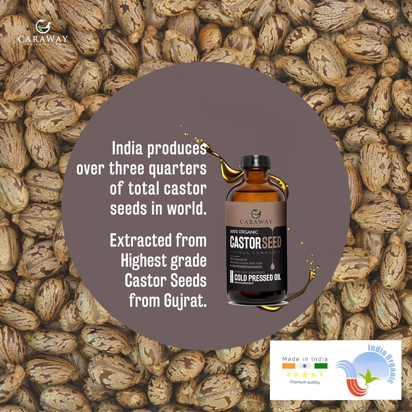 CARAWAY Cold Pressed Pure Castor Oil – Indian Handmade | Therapeutic Grade | Edible | For Liver Detox, Hair Growth, Eyelashes, Skin, Constipation & Joint Pain | Glass Bottle – 236ml