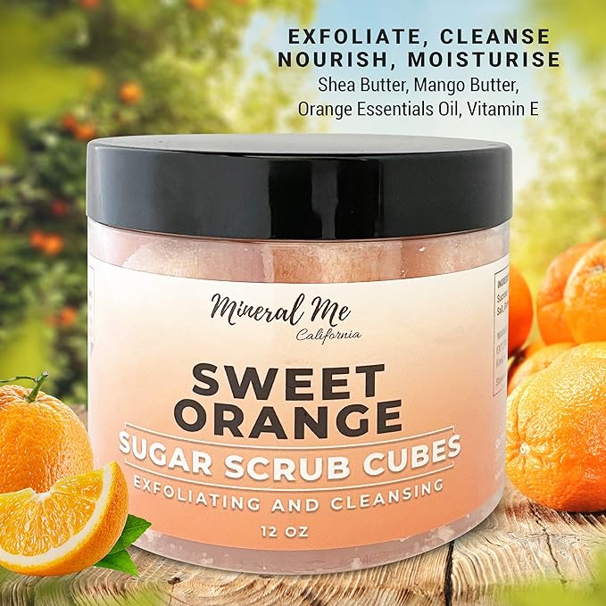 Body Scrub Exfoliator - 12oz SWEET ORANGE Sugar scrub cubes w/Mango Butter & Shea butter- Ultra Hydrating & Moisturizing - Natural & Organic for all body exfoliation- For hands, arms legs, elbow, foot