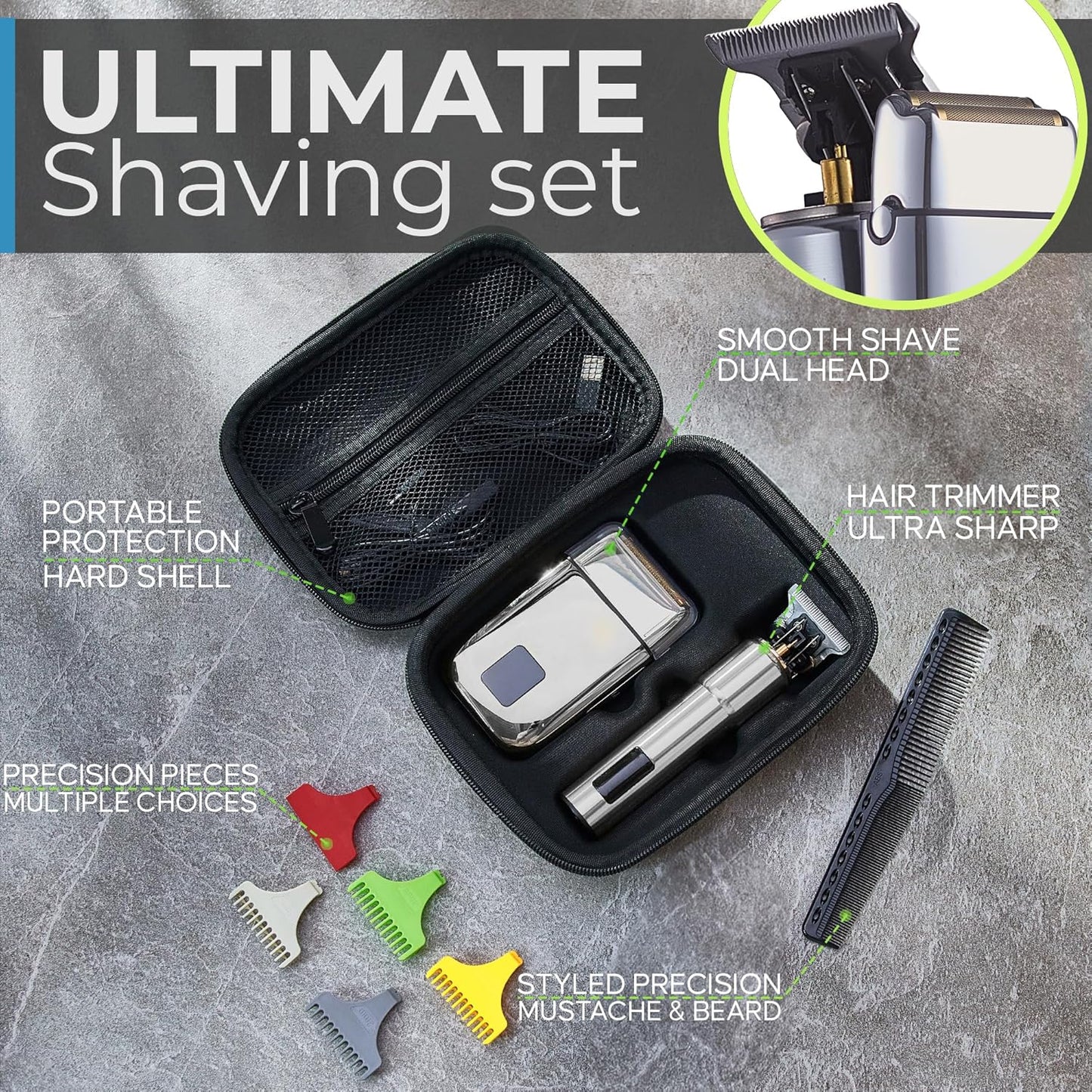 Hal&Hol Professional Cordless Electric Hair/Beard Trimmer and Foil Shaver for Men - Complete Barber Grooming Kit with Rechargeable Battery, Protective Case and 4 Guards, Gift for Men