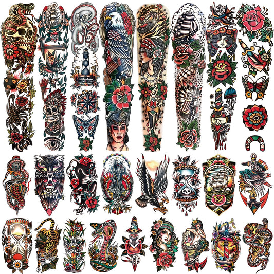 55 Sheets Temporary Tattoos,8 Sheets Full Arm Waterproof Flower Owl Snake Fake Halloween Tattoo Stickers for Adults Women Men,17 Sheets Half Arm 30 Sheets Small Tattoos Realistic for Kids Girls Boys