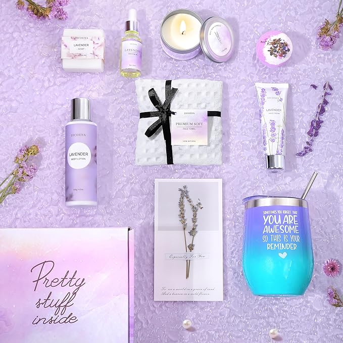Gifts for Women Spa Lavender Bath Gifts Baskets for Women Mothers Day Gifts Birthday Gifts Relaxing Self Care Gift for Mom Her Auntie Sister Teacher Wine Tumbler Purple