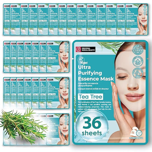 Original Derma Beauty Collagen Face Masks 36 PK Vegan Ultra Moisturizing Face Masks Skincare Sheet Masks Set for Beauty & Personal Care Korean Face Mask (Tea tree)