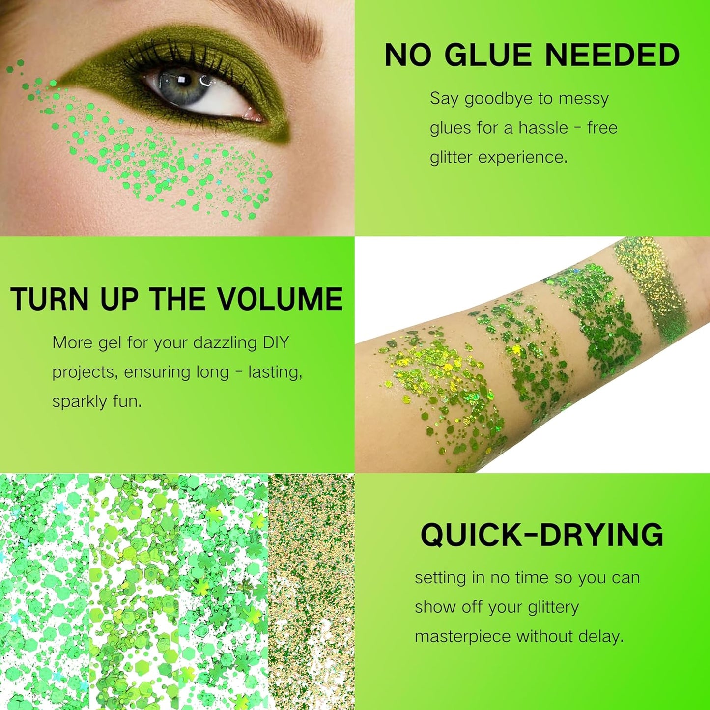 Green Face Glitter Gel,4 Styles St Patricks Day Body Glitter,Singer Concert Outfit for Women,Sparkling Hair Glitter Makeup Rave Festival Accessories,40g/1.41 oz