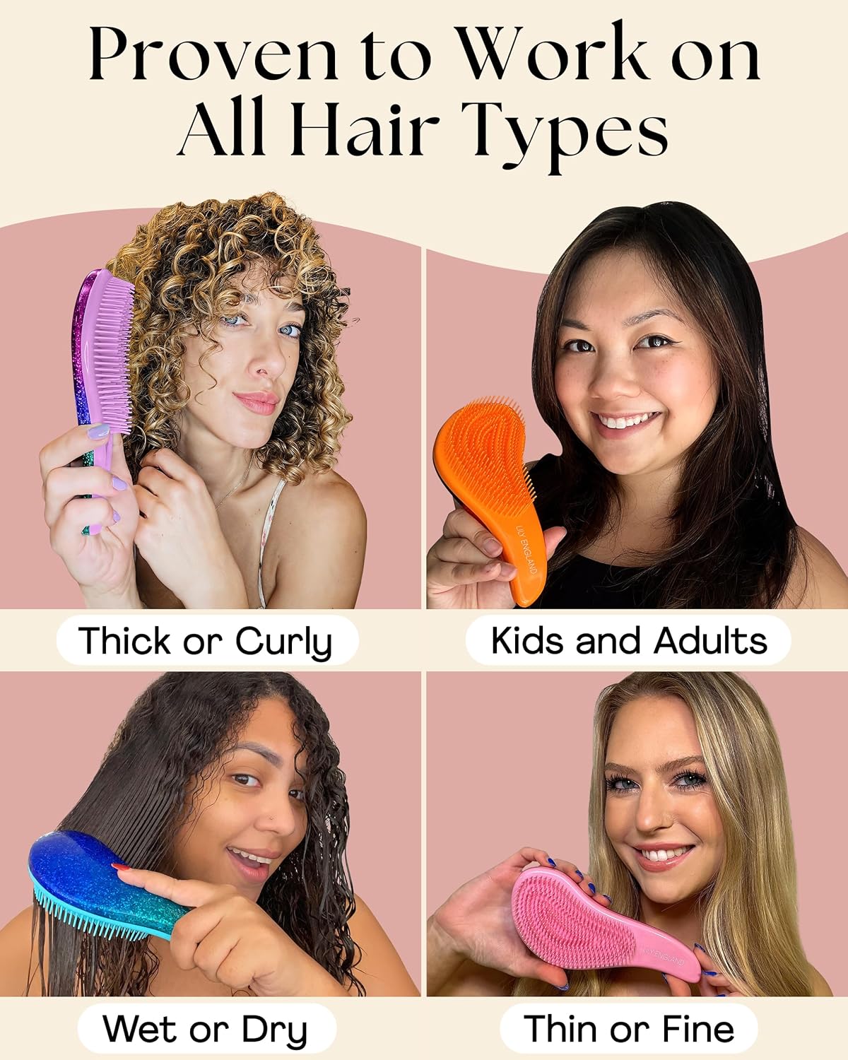 Lily England Detangler Hair Brush for Curly, Thick, Straight & Natural Hair - Gentle Detangling Brush for Women, Kids & Toddlers with Flexible Bristles - Smooth Hairbrush for Wet & Dry Hair, Pink