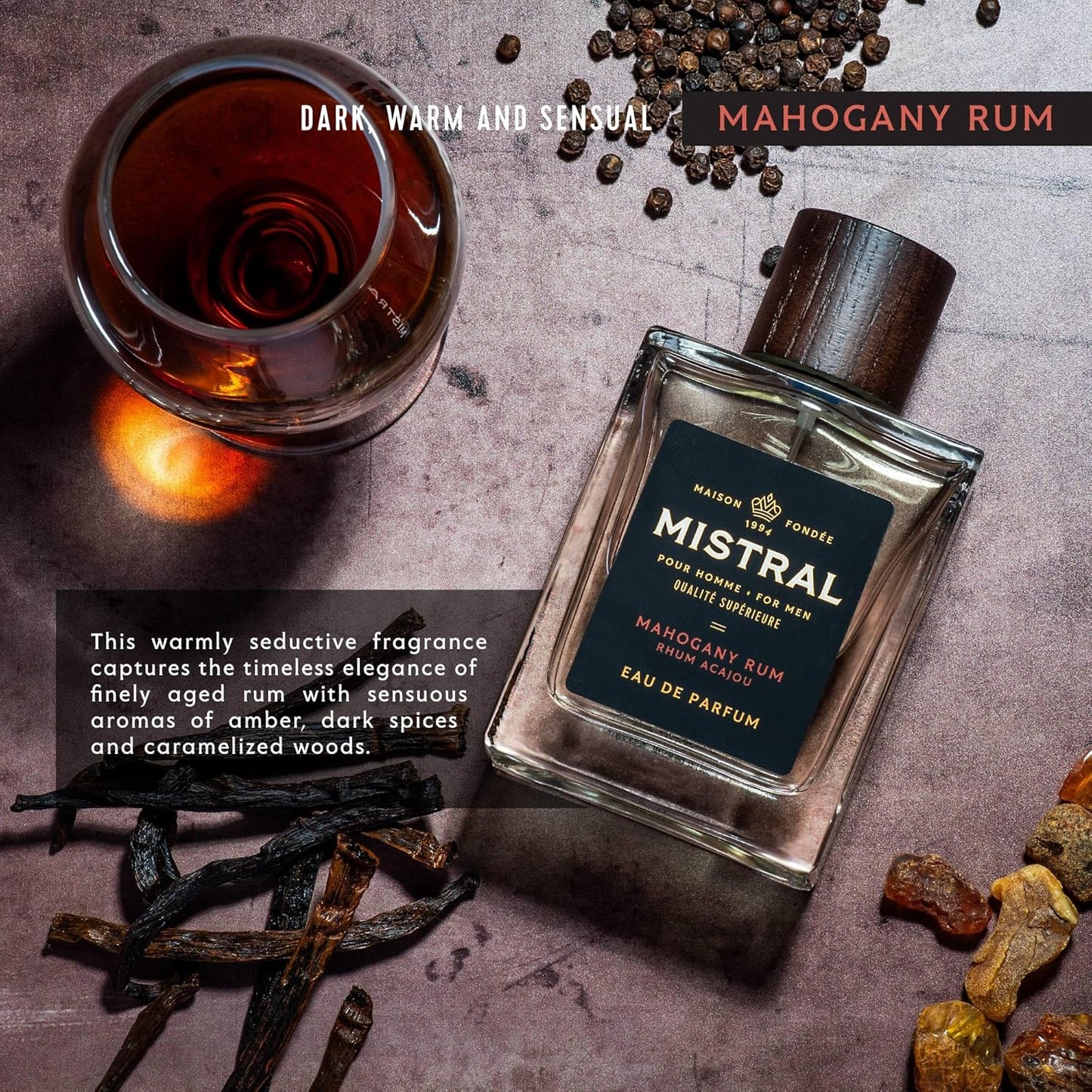 Mistral Men’s Cologne – Mahogany Rum Eau de Parfum | Warm, Spicy & Earthy Masculine Fragrance with Patchouli, Amber & Cedarwood | Cruelty-Free & Long-Lasting Perfume for Men, Made in France - 3.4 Oz