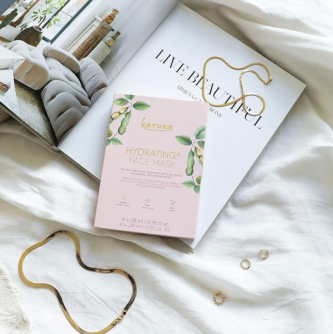 Karuna Skin - Hydrating+ Sheet Masks for Well-Moisturized & Hydrated Skin, Glow-Enhancing Face Masks Skin Care Products, Hydrating Facial Masks with Natto, Niacinamide & Sodium Lactate, 4 Sheets