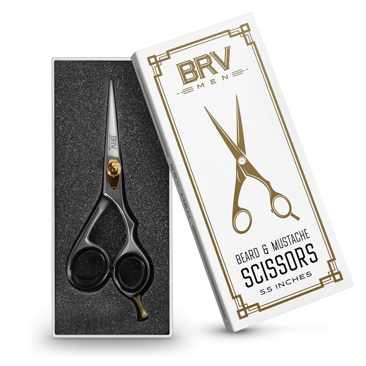 BRV MEN Professional Mustache & Beard Trimming Scissors - 5.5" | High Carbon Stainless Steel & Hammer Forged Mustache Scissors | Razor Sharp Facial Hair Trimming Shears (RIGHT HANDED - Silver)