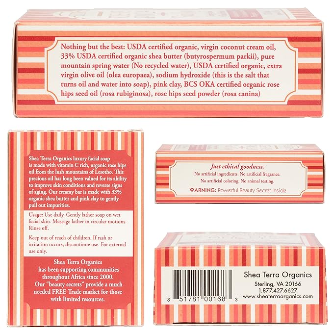 Shea Terra Organics Rose Hips & Pink Clay Facial Cleansing Soap | Anti-Aging, Anti-Acne Wonder Soap | All Skin Types - 4 oz