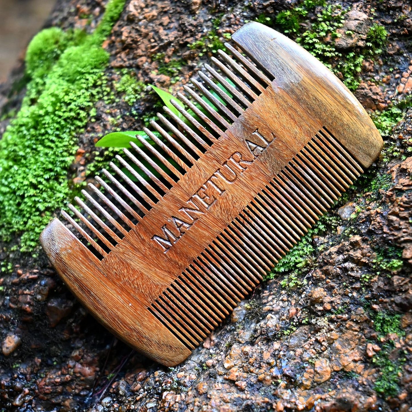 Premium Sandalwood Dual-Action Comb - Double-Tooth Design for Men's Fine & Wide Hair, Mustache Comb, Protective PU Leather Case