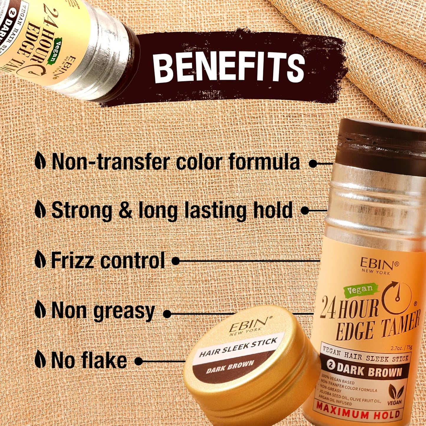 EBIN NEW YORK 24 Hour Edge Tamer Vegan Hair Sleek Stick Dark Brown Maximum Hold