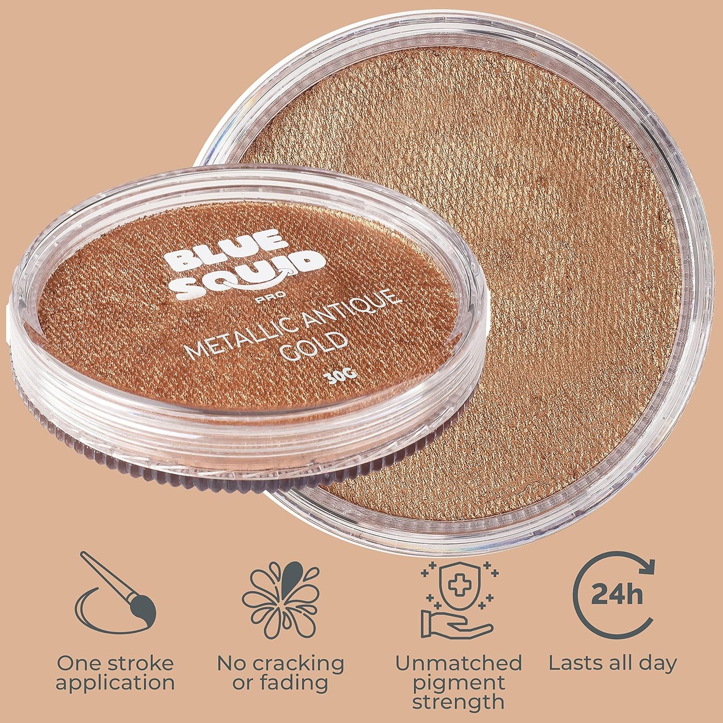 Blue Squid Face Paint Water Based Single Cake Professional Face Paint & Body Paint - Water Activated, Kids Adults Face Painting for Costume, Halloween Makeup - Metallic Antique Gold Face Paint 30g